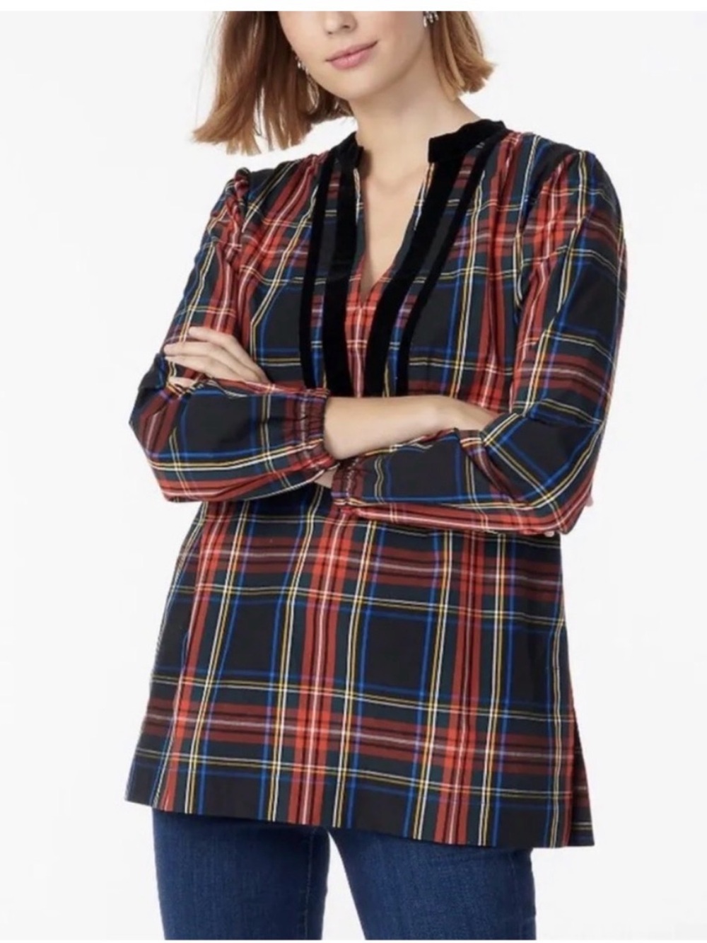 J Crew Stewart Tartan Plaid Black Velvet Trim V Neck Holiday Tunic Size XS